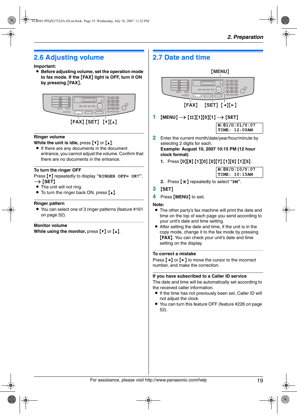 Volume, 6 adjusting volume, Initial programming | 7 date and time, Adjusting volume, Date and time, 6 adjusting volume, 7 date and time | Panasonic KX-FLB881 User Manual | Page 19 / 104