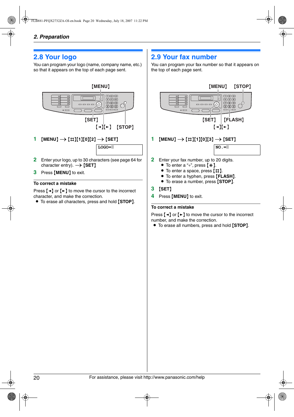 8 your logo, 9 your fax number, Your logo | Your fax number, 8 your logo, 9 your fax number | Panasonic KX-FLB881 User Manual | Page 20 / 104