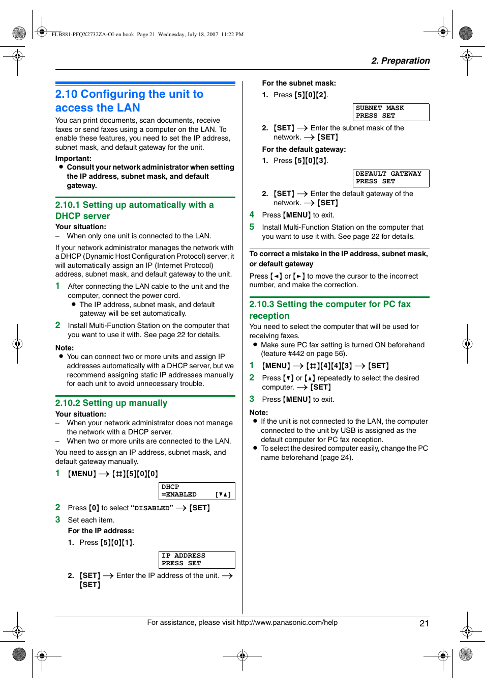 10 configuring the unit to access the lan, Configuring the unit to access the lan, 10 configuring the unit to access the lan | Panasonic KX-FLB881 User Manual | Page 21 / 104