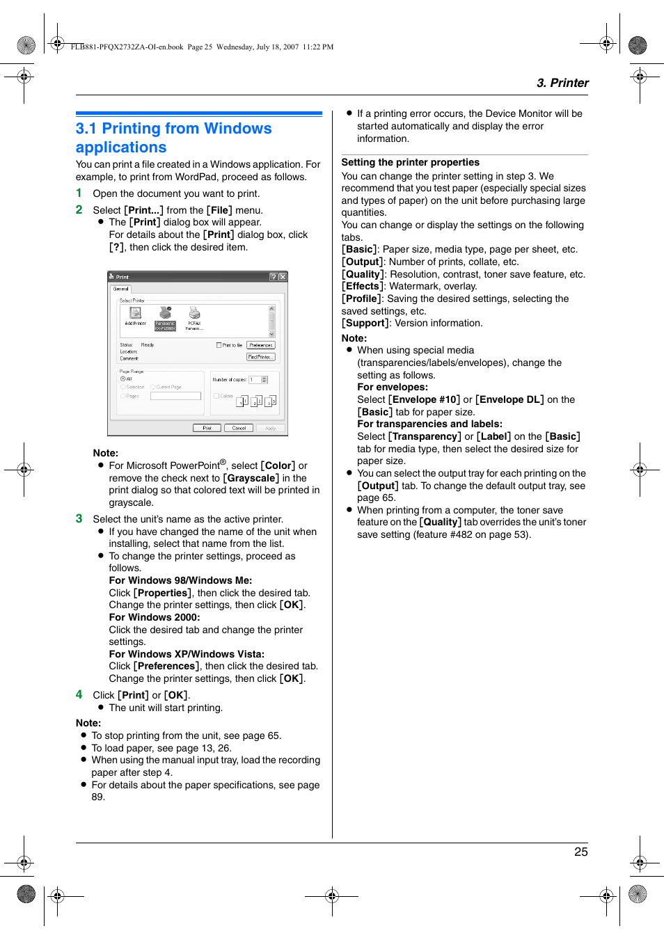 Printer, 1 printing from windows applications, Printing from windows applications | 1 printing from windows applications | Panasonic KX-FLB881 User Manual | Page 25 / 104