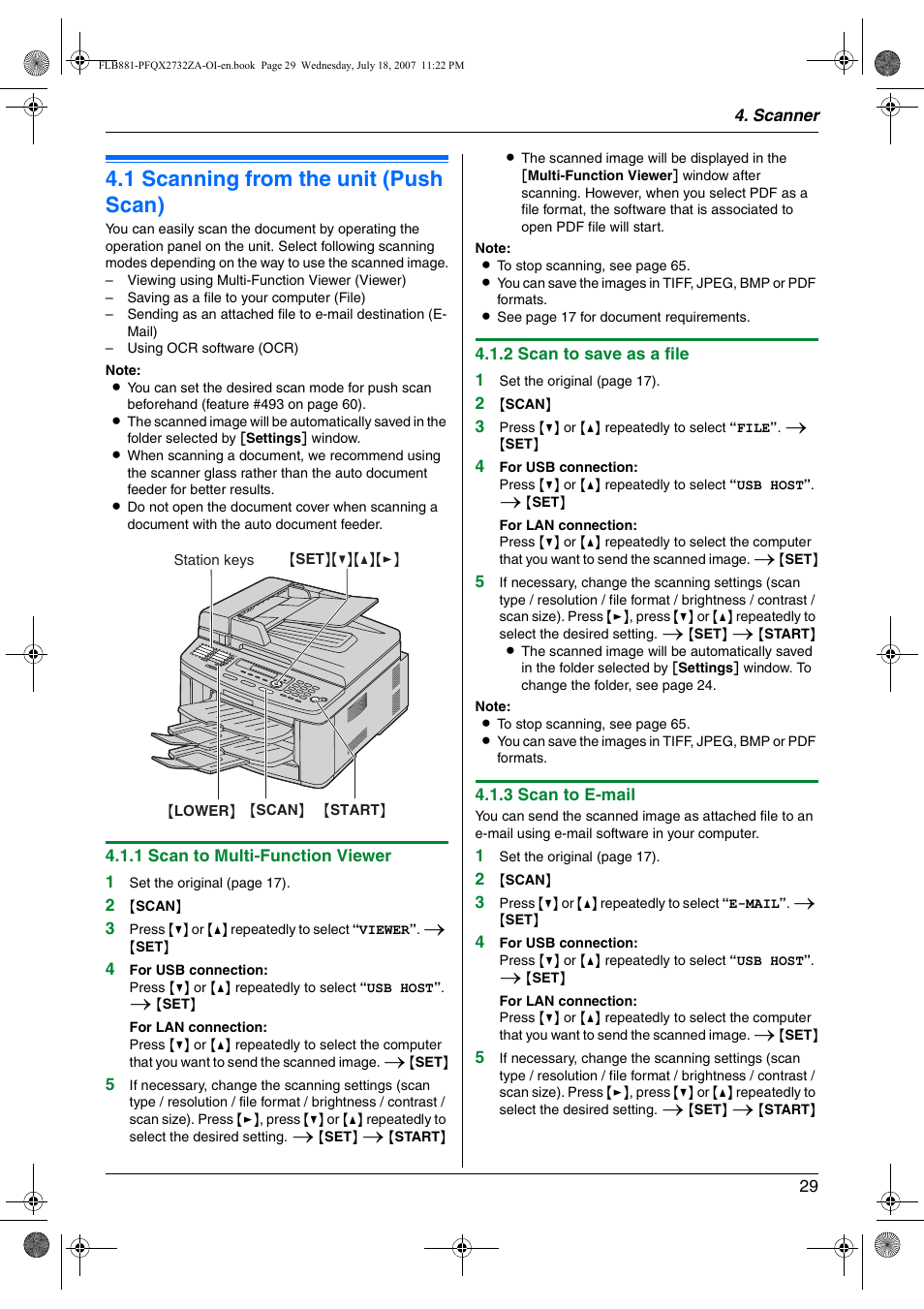 Scanner, 1 scanning from the unit (push scan), Scanning from the unit (push scan) | 1 scanning from the unit (push scan) | Panasonic KX-FLB881 User Manual | Page 29 / 104