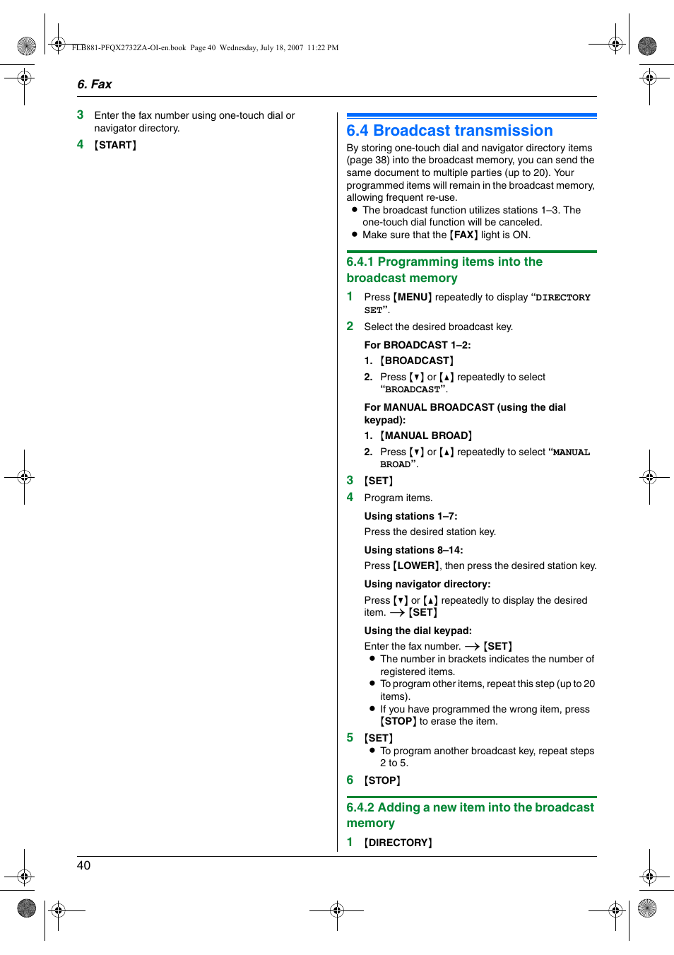 4 broadcast transmission, Broadcast transmission, 4 broadcast transmission | Panasonic KX-FLB881 User Manual | Page 40 / 104