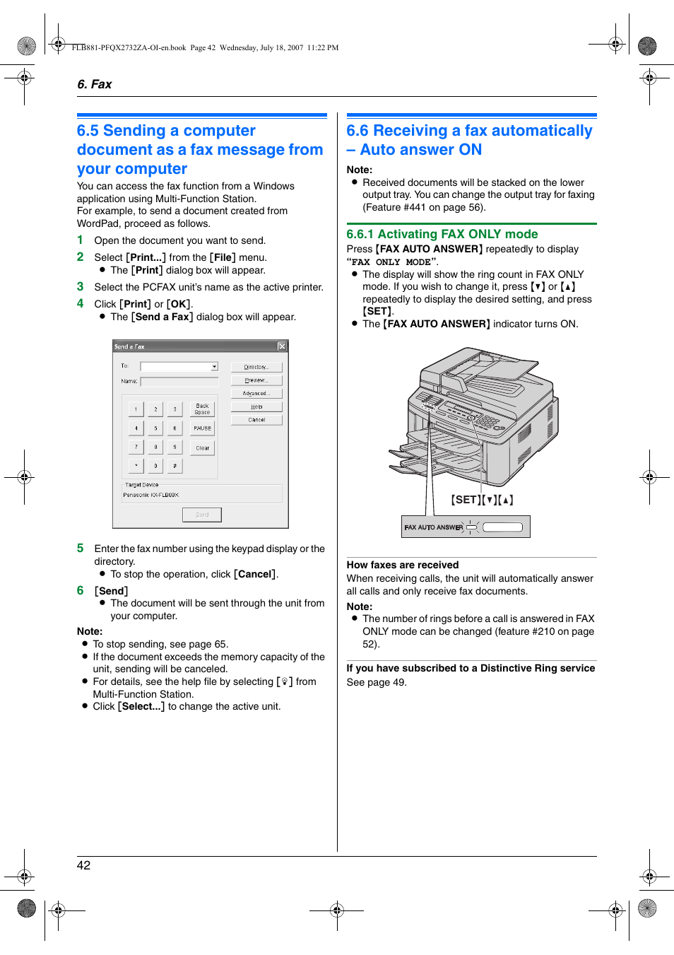 Receiving faxes, 6 receiving a fax automatically – auto answer on, Receiving a fax automatically – auto answer on | 6 receiving a fax automatically – auto answer on | Panasonic KX-FLB881 User Manual | Page 42 / 104