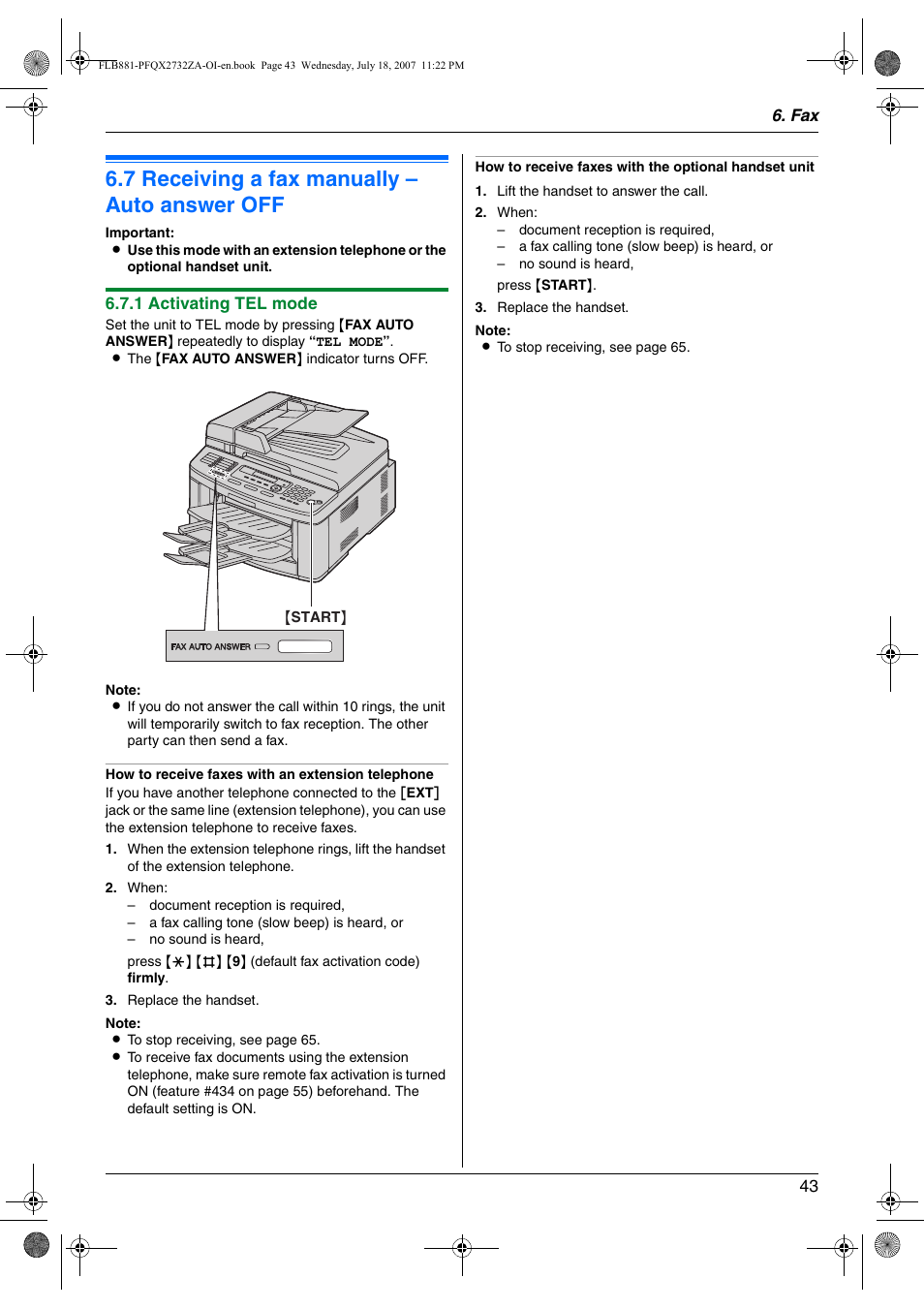 7 receiving a fax manually – auto answer off, Receiving a fax manually – auto answer off, 7 receiving a fax manually – auto answer off | Panasonic KX-FLB881 User Manual | Page 43 / 104