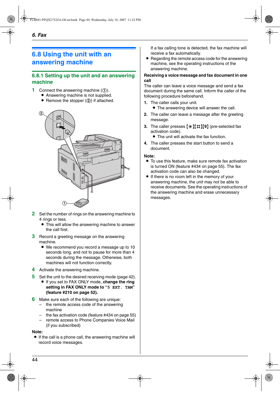 8 using the unit with an answering machine, Using the unit with an answering machine, 8 using the unit with an answering machine | Panasonic KX-FLB881 User Manual | Page 44 / 104
