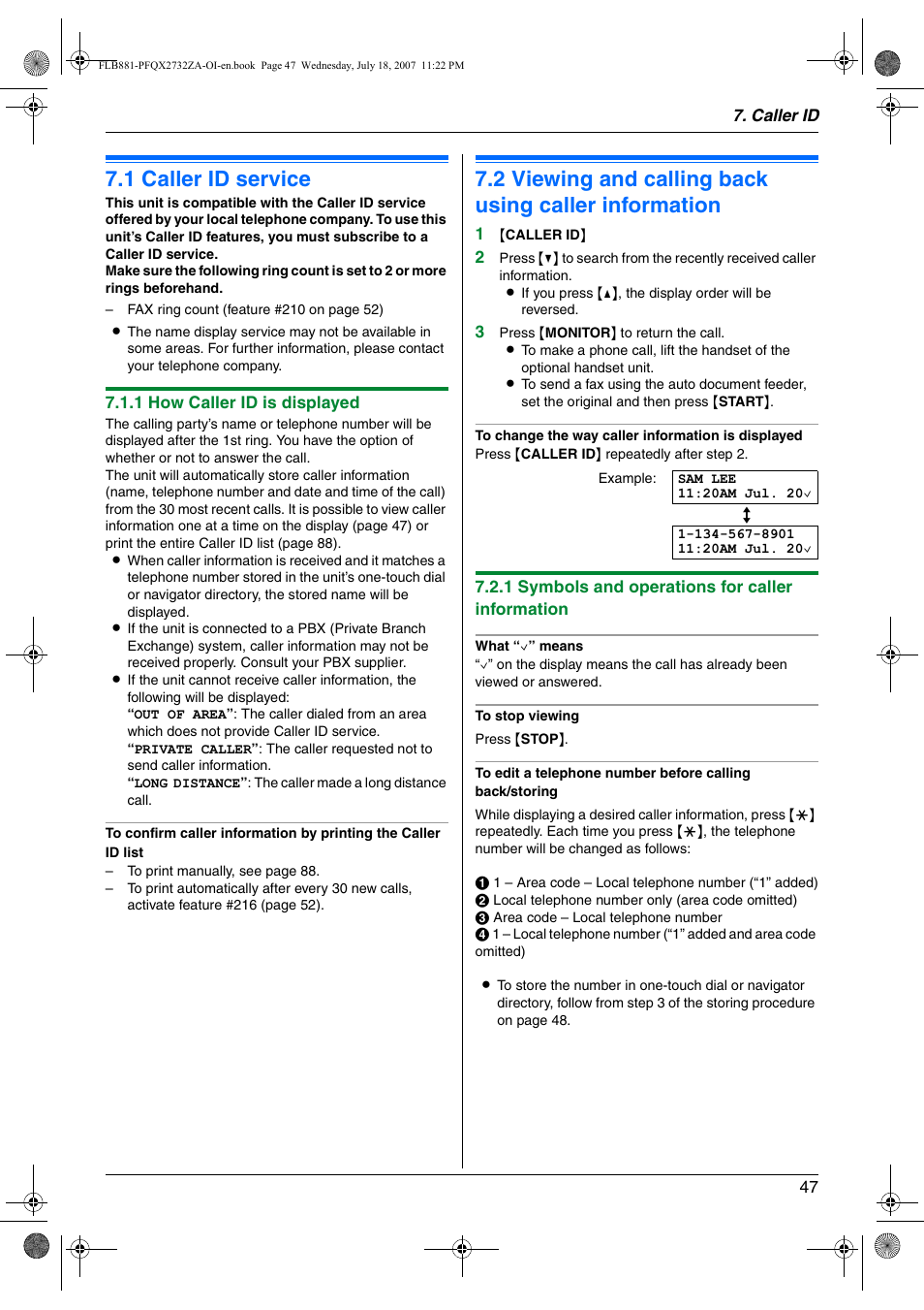 Caller id, 1 caller id service, Caller id service | Viewing and calling back using caller information, 1 caller id service | Panasonic KX-FLB881 User Manual | Page 47 / 104