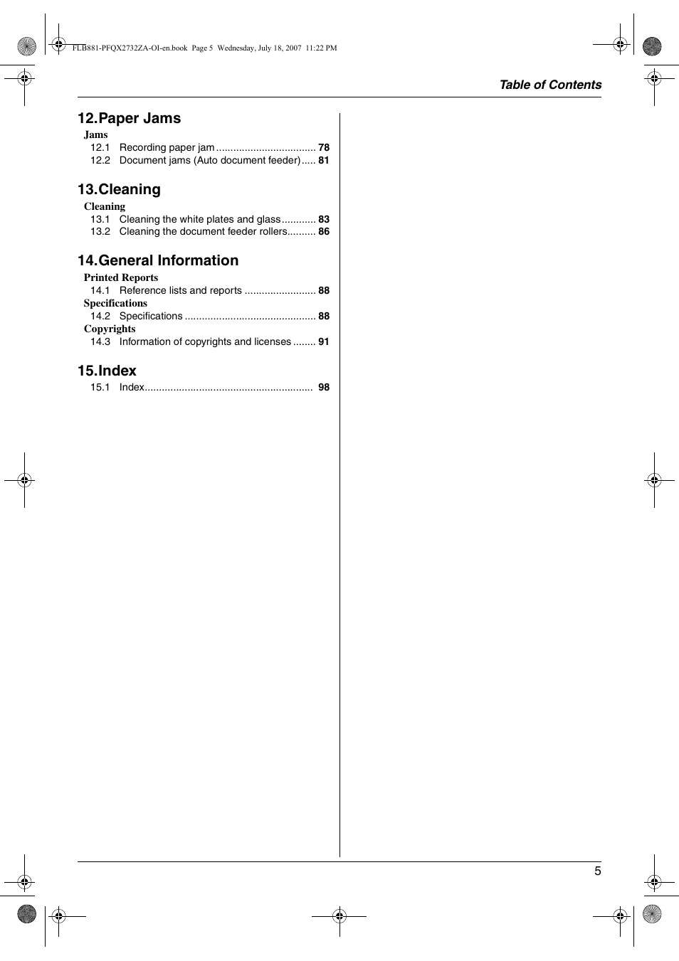 Paper jams, Cleaning, General information | Index | Panasonic KX-FLB881 User Manual | Page 5 / 104