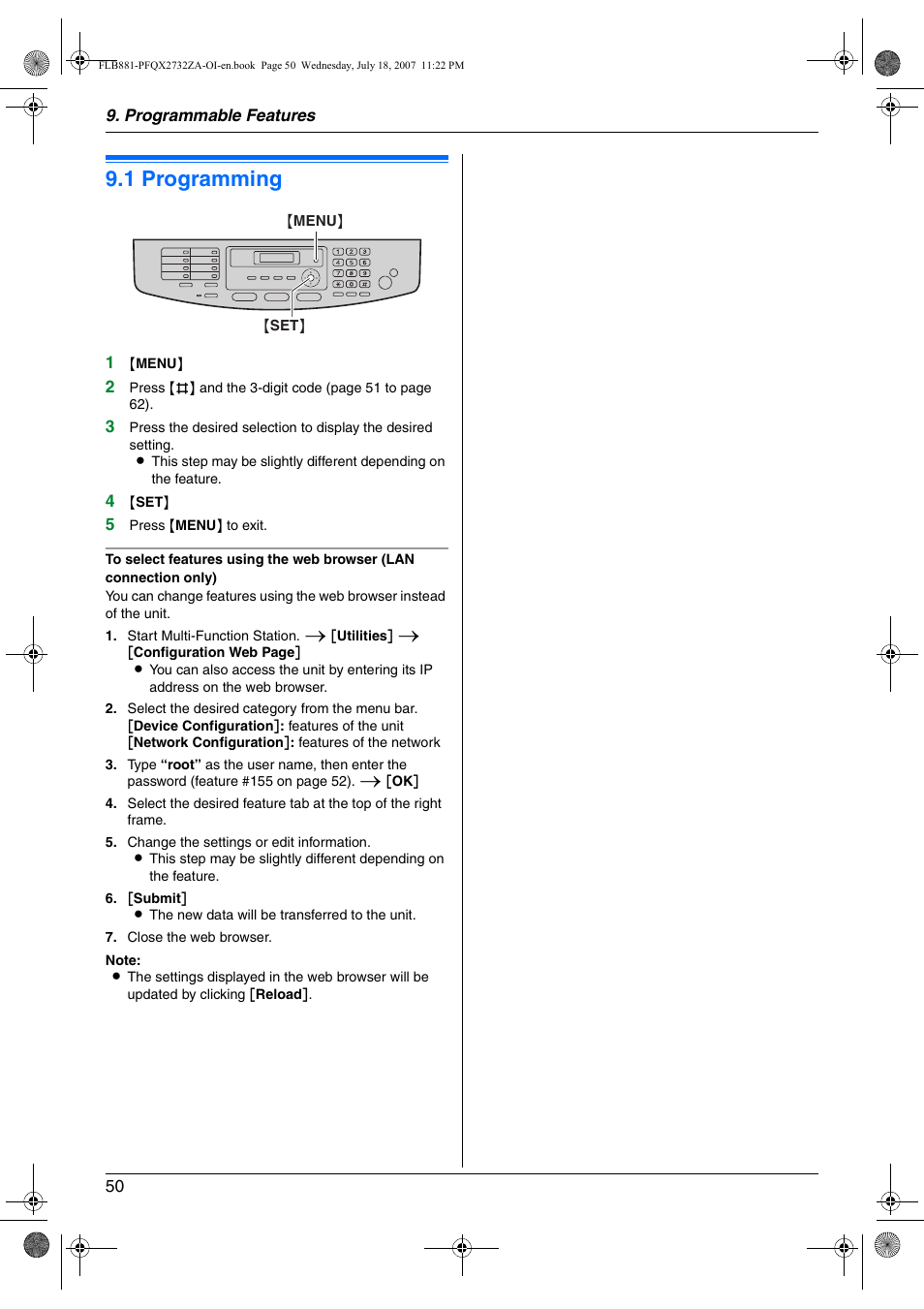 Programmable features, Features summary, 1 programming | Programming, 1 programming | Panasonic KX-FLB881 User Manual | Page 50 / 104