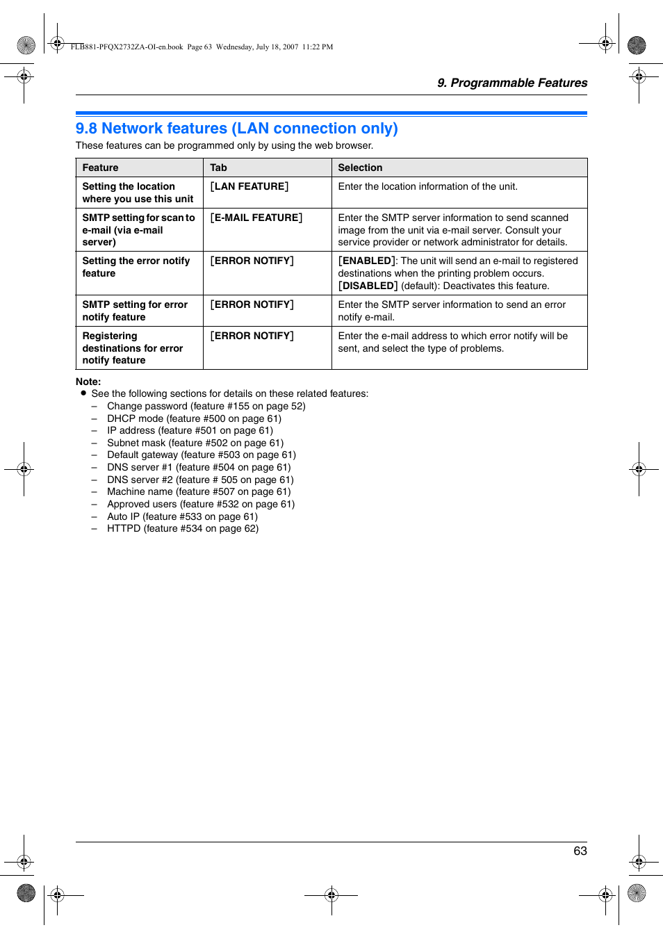 8 network features (lan connection only), Network features (lan connection only), 8 network features (lan connection only) | Panasonic KX-FLB881 User Manual | Page 63 / 104