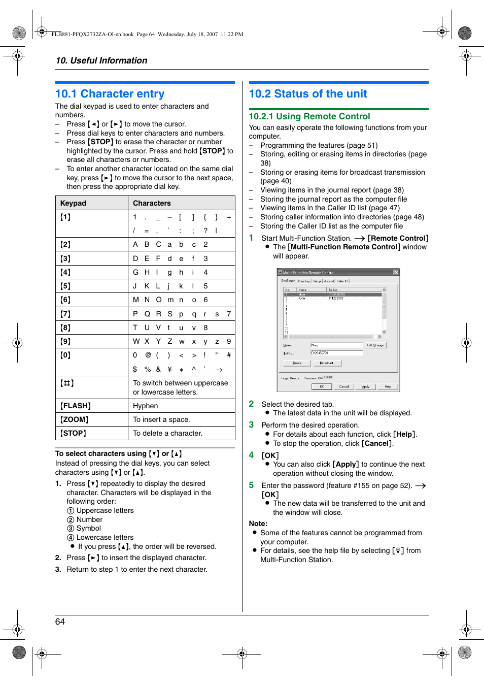 Useful information, 1 character entry, 2 status of the unit | Character entry, Status of the unit, 1 character entry, 2 status of the unit | Panasonic KX-FLB881 User Manual | Page 64 / 104