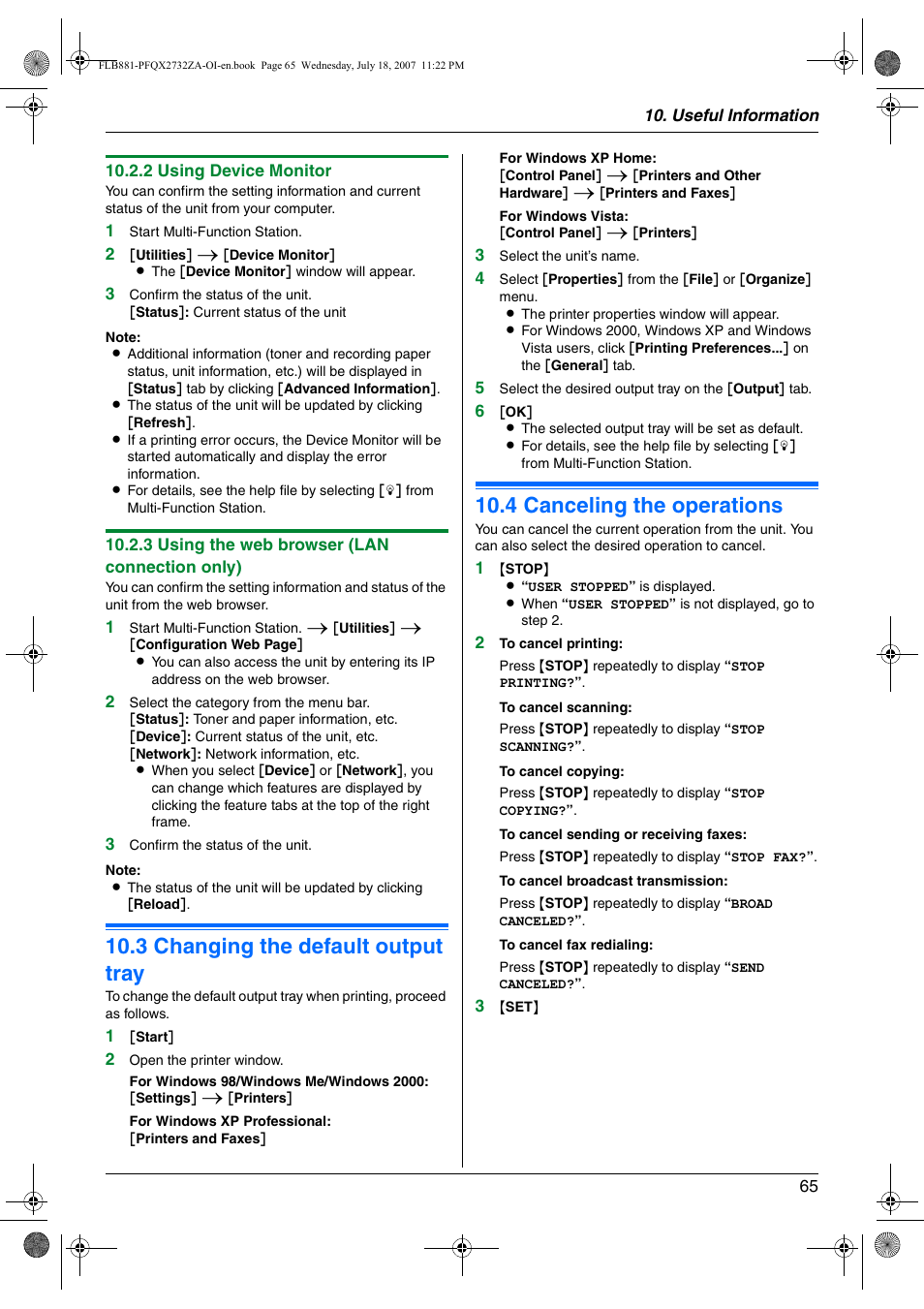 3 changing the default output tray, 4 canceling the operations, Changing the default output tray | Canceling the operations, 3 changing the default output tray, 4 canceling the operations | Panasonic KX-FLB881 User Manual | Page 65 / 104
