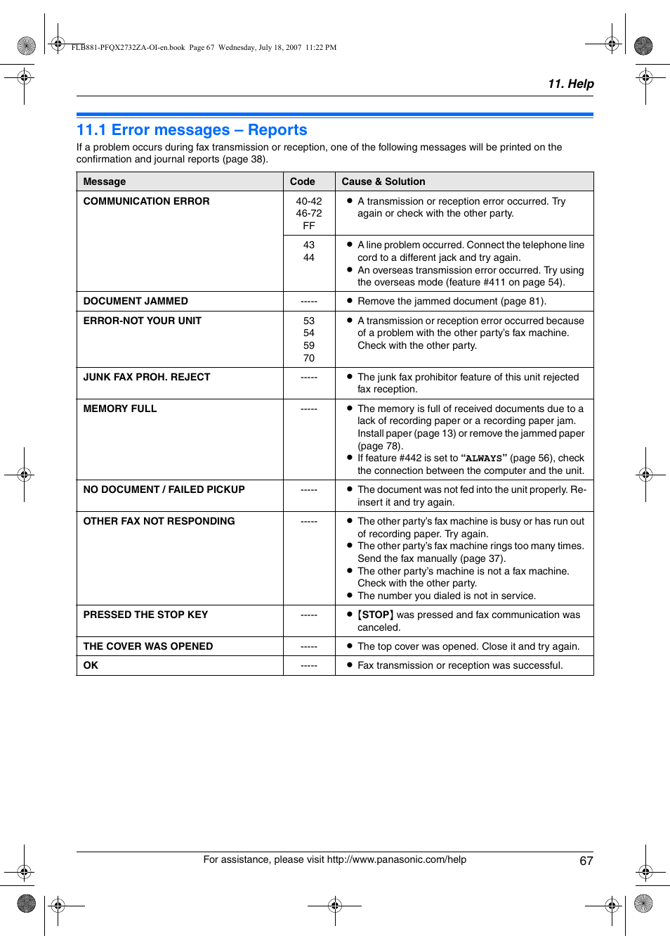 Help, 1 error messages – reports, Error messages | Error messages – reports, 1 error messages – reports | Panasonic KX-FLB881 User Manual | Page 67 / 104