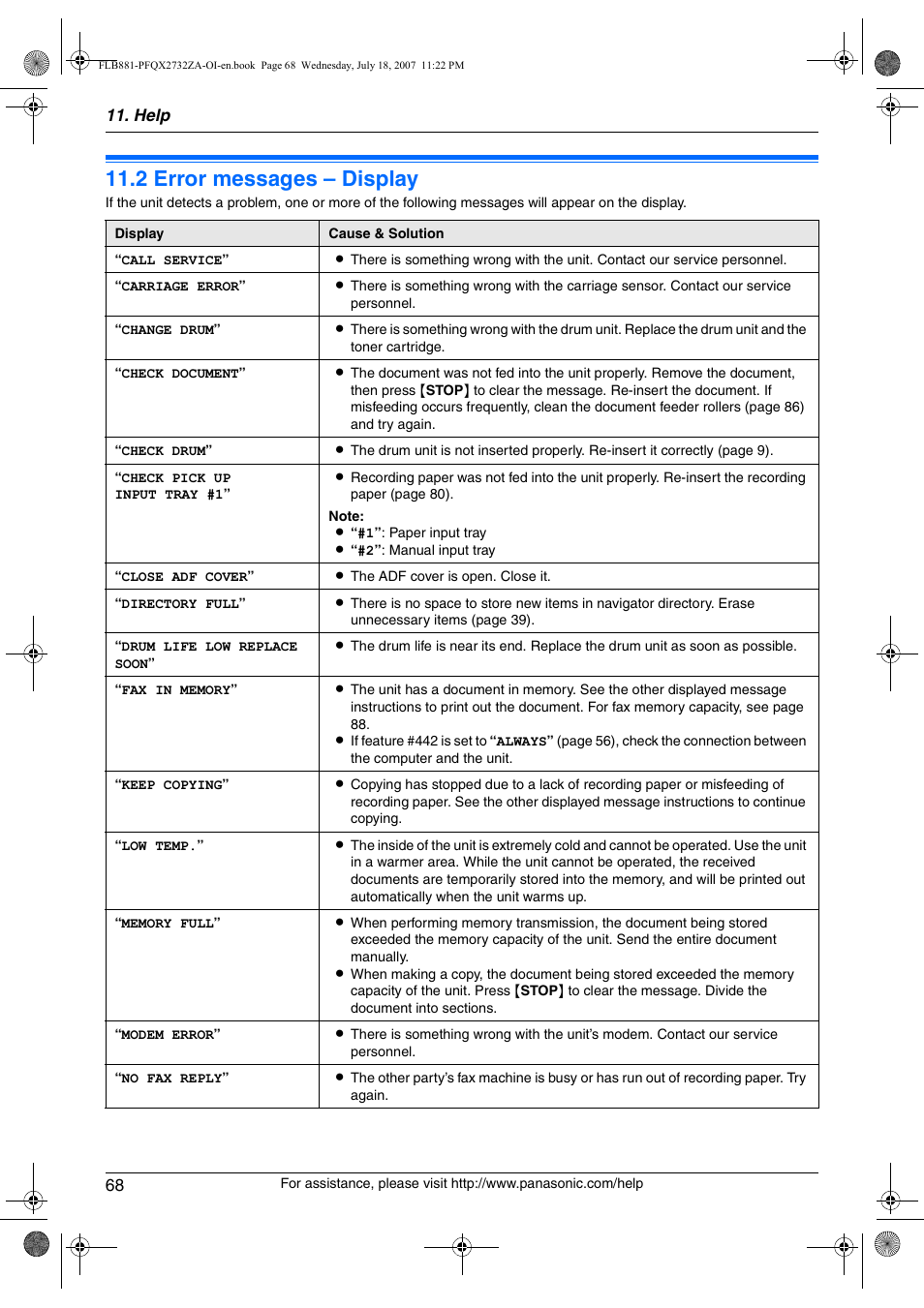 2 error messages – display, Error messages – display, 2 error messages – display | Panasonic KX-FLB881 User Manual | Page 68 / 104