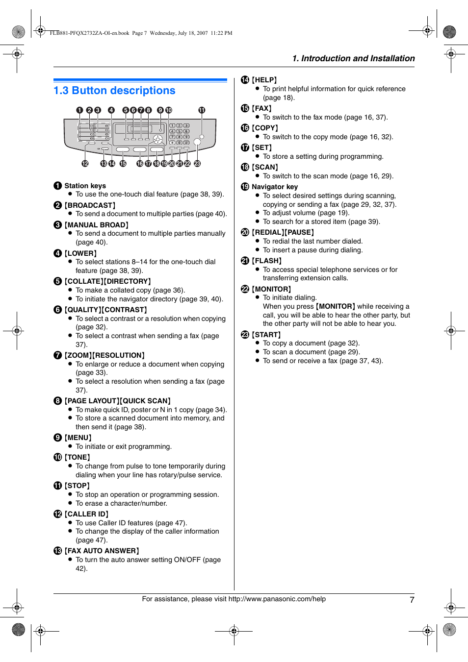 Finding the controls, 3 button descriptions, Button descriptions | 3 button descriptions | Panasonic KX-FLB881 User Manual | Page 7 / 104