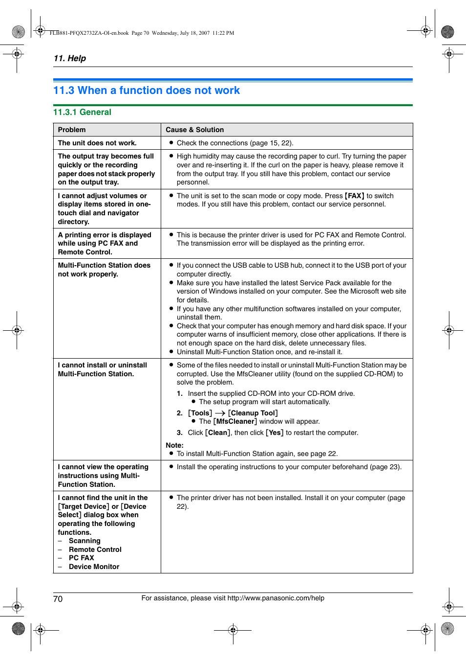 Troubleshooting, 3 when a function does not work, When a function does not work | 3 when a function does not work | Panasonic KX-FLB881 User Manual | Page 70 / 104
