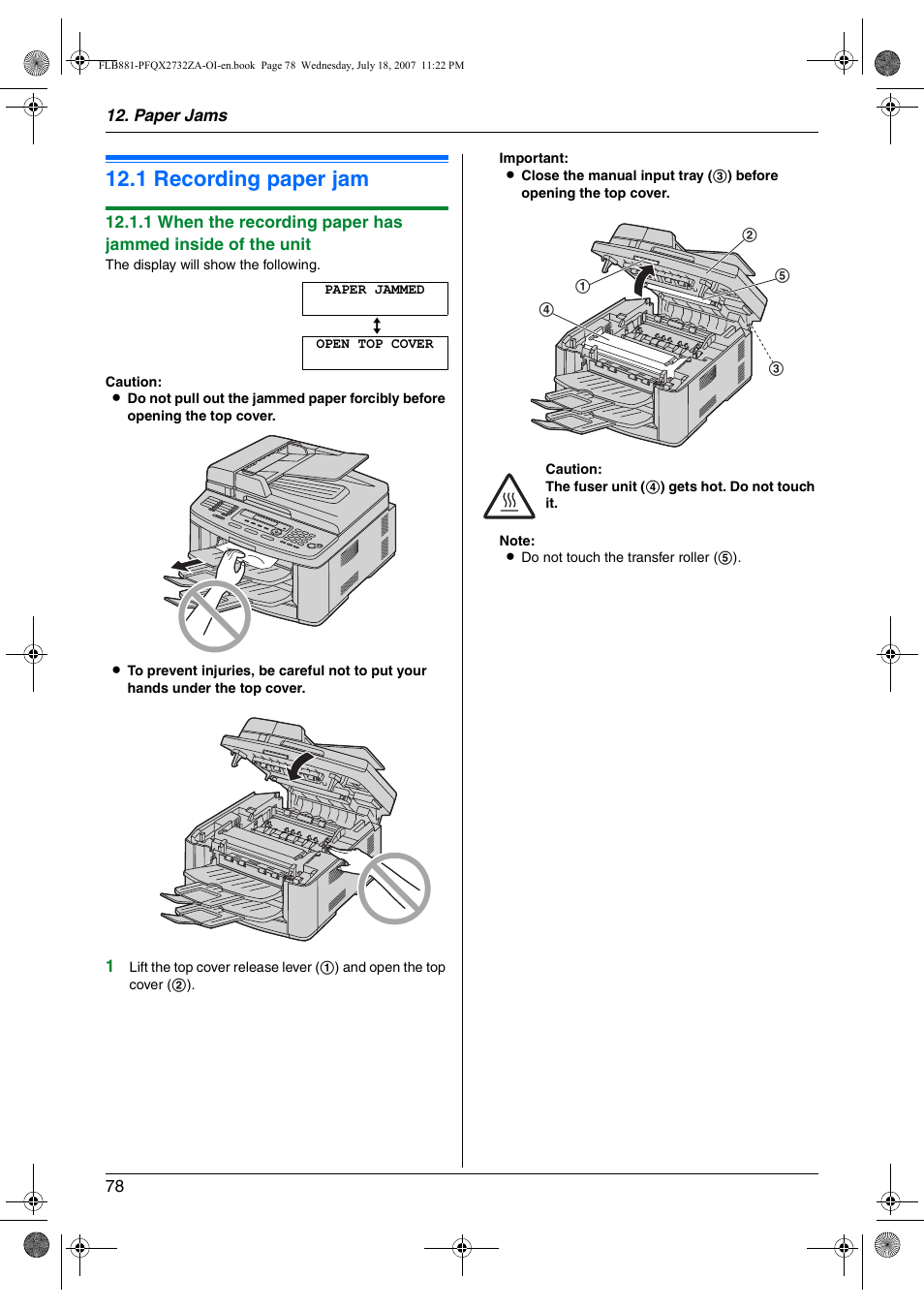 Paper jams, Jams, 1 recording paper jam | Recording paper jam, 1 recording paper jam | Panasonic KX-FLB881 User Manual | Page 78 / 104