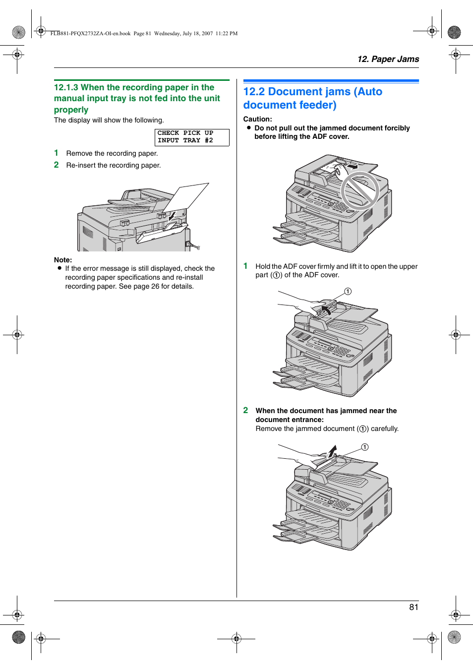2 document jams (auto document feeder), Document jams (auto document feeder), 2 document jams (auto document feeder) | Panasonic KX-FLB881 User Manual | Page 81 / 104