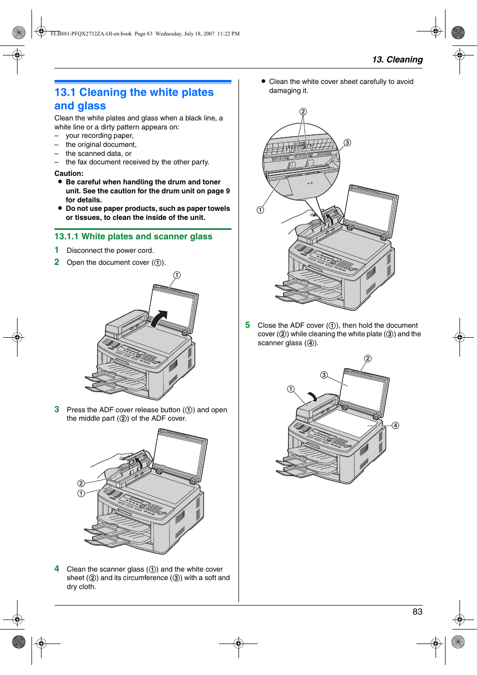 Cleaning, 1 cleaning the white plates and glass, Cleaning the white plates and glass | 1 cleaning the white plates and glass | Panasonic KX-FLB881 User Manual | Page 83 / 104