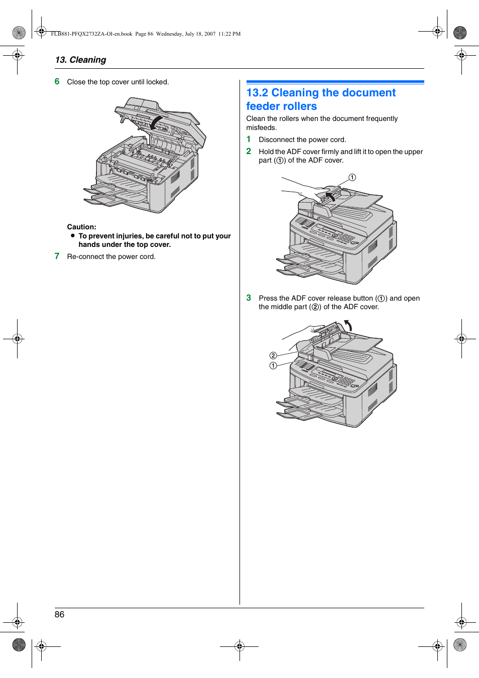 2 cleaning the document feeder rollers, Cleaning the document feeder rollers, 2 cleaning the document feeder rollers | Panasonic KX-FLB881 User Manual | Page 86 / 104