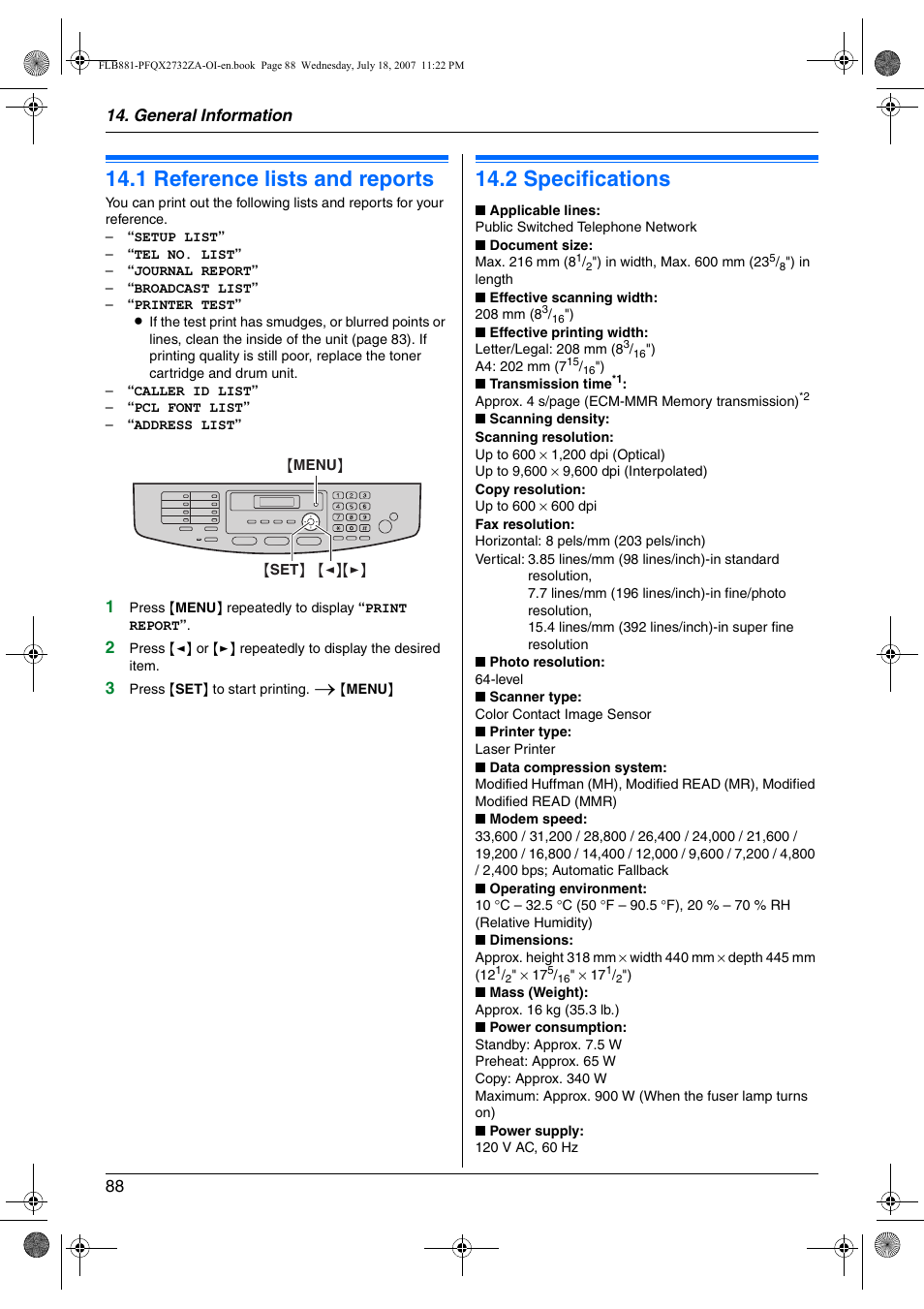 General information, Printed reports, 1 reference lists and reports | Specifications, 2 specifications, Reference lists and reports, 1 reference lists and reports, 2 specifications, General information 88 | Panasonic KX-FLB881 User Manual | Page 88 / 104