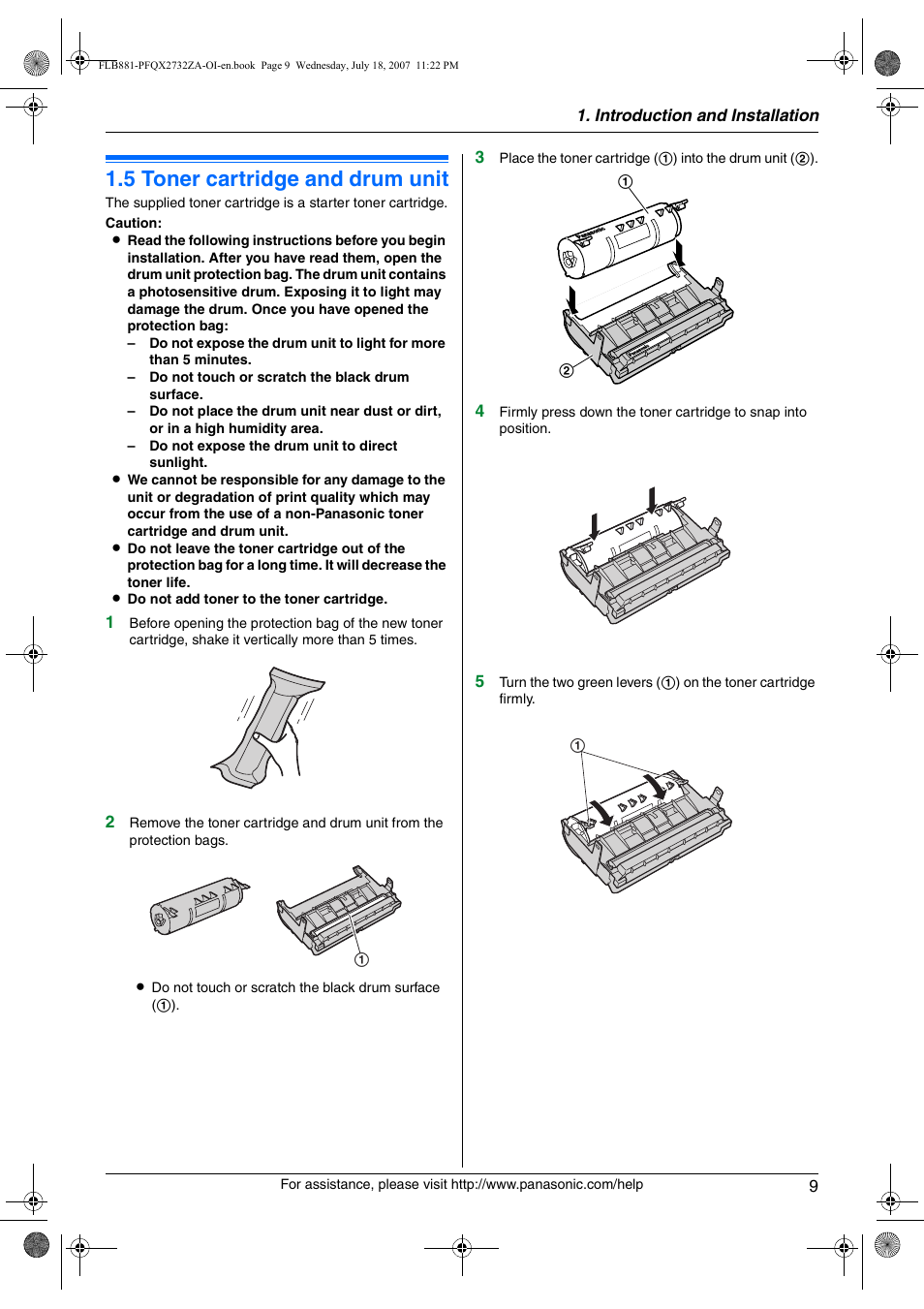 Installation, 5 toner cartridge and drum unit, Toner cartridge and drum unit | 5 toner cartridge and drum unit | Panasonic KX-FLB881 User Manual | Page 9 / 104