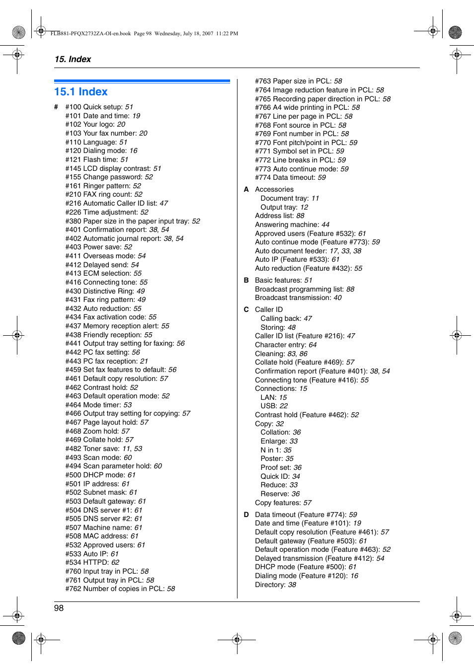 Index, 1 index | Panasonic KX-FLB881 User Manual | Page 98 / 104