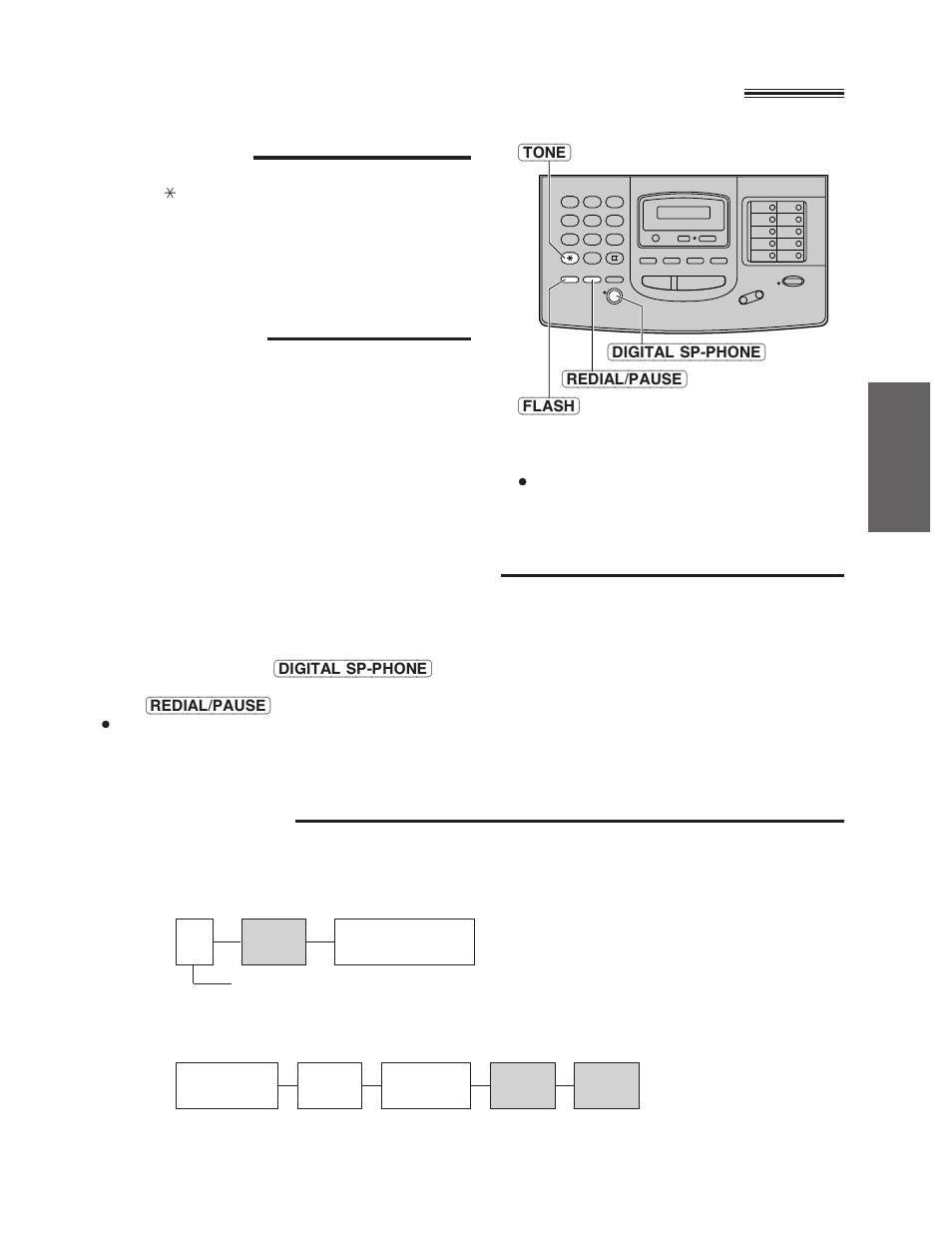 Tone, flash and redial/pause buttons, Tone button, Flash button | Redialing the last number dialed, Entering pauses | Panasonic KX-FM220 User Manual | Page 37 / 112