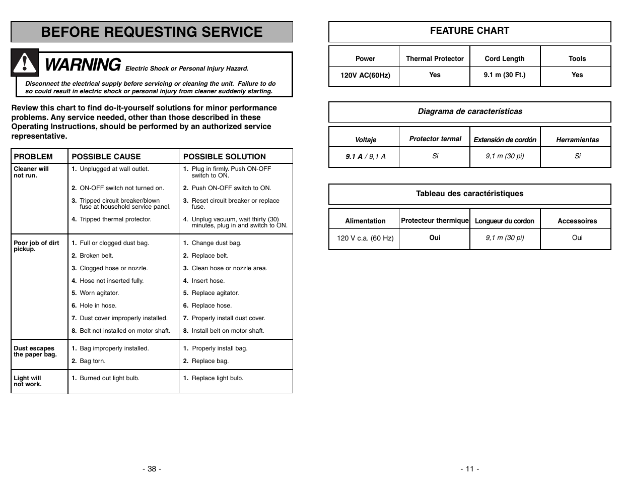 Feature chart, Diagrama de caracteristicas, Tableau des caracteristiques | Warning, Before requesting service | Panasonic MC-V5268 User Manual | Page 11 / 48