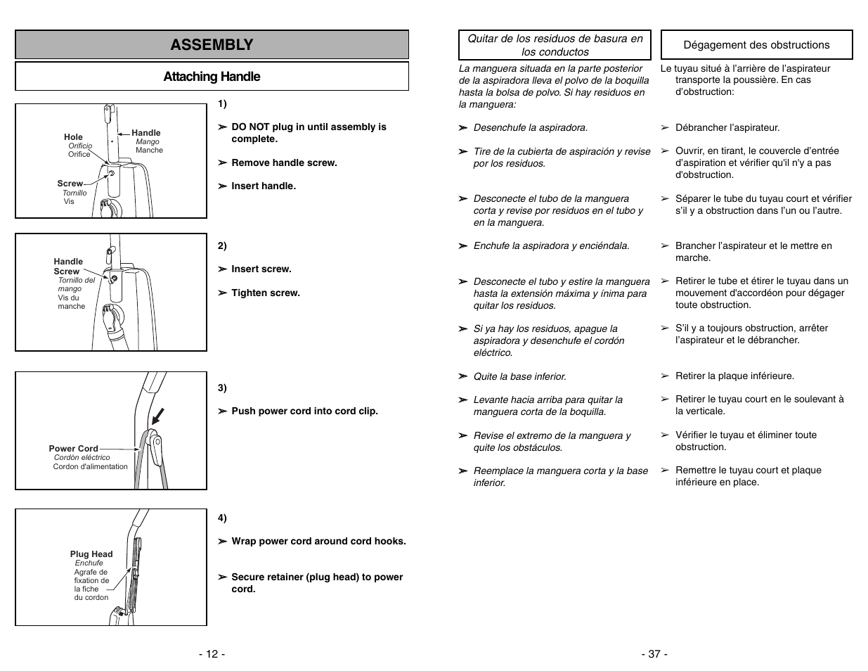 Assembly, Attaching handle | Panasonic MC-V5268 User Manual | Page 12 / 48