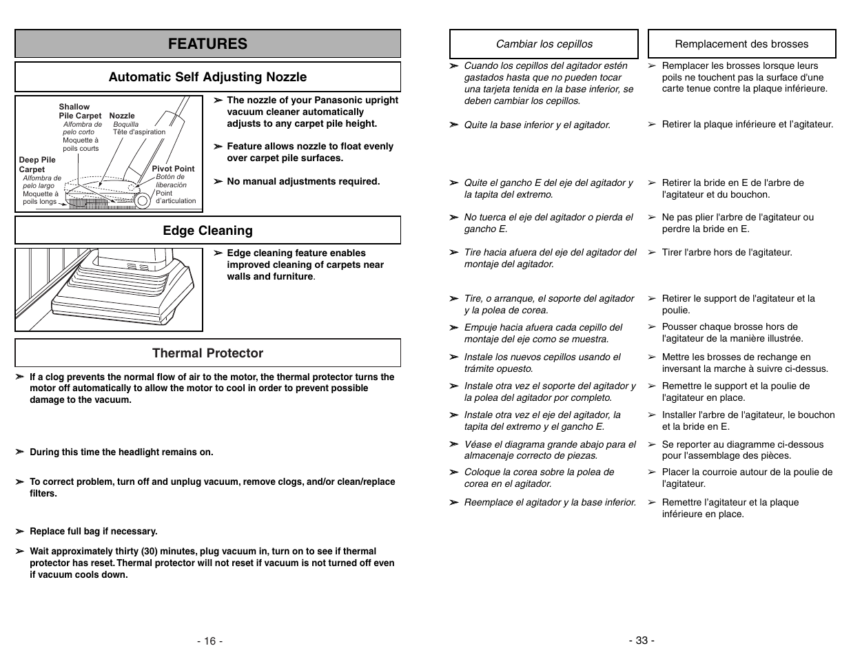 Features, Automatic self adjusting nozzle, Edge cleaning | Thermal protector | Panasonic MC-V5268 User Manual | Page 16 / 48