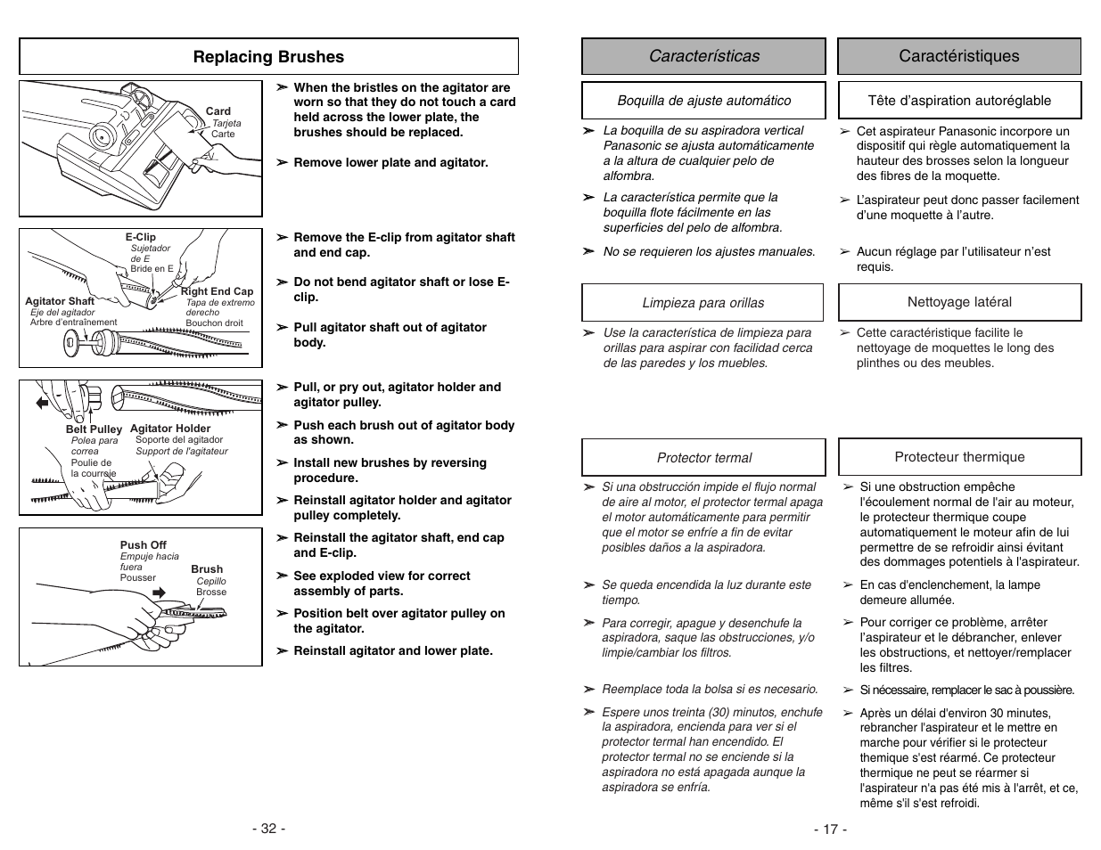 Caracteristicas, Boquilla de ajuste automatico, Limpieza para orillas | Protector termal, Caracteristiques, Tete d'aspiration autoreglable, Nettoyage lateral, Protecteur thermique, Características caractéristiques, Replacing brushes | Panasonic MC-V5268 User Manual | Page 17 / 48