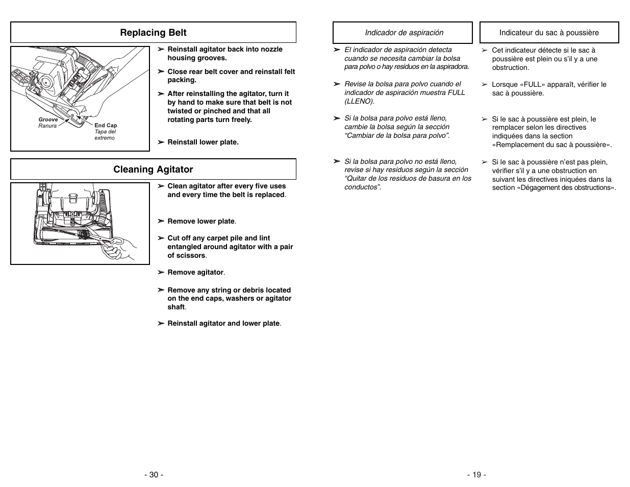 Indicador de aspiracion, Indicateur du sac a poussiere, Replacing belt cleaning agitator | Panasonic MC-V5268 User Manual | Page 19 / 48