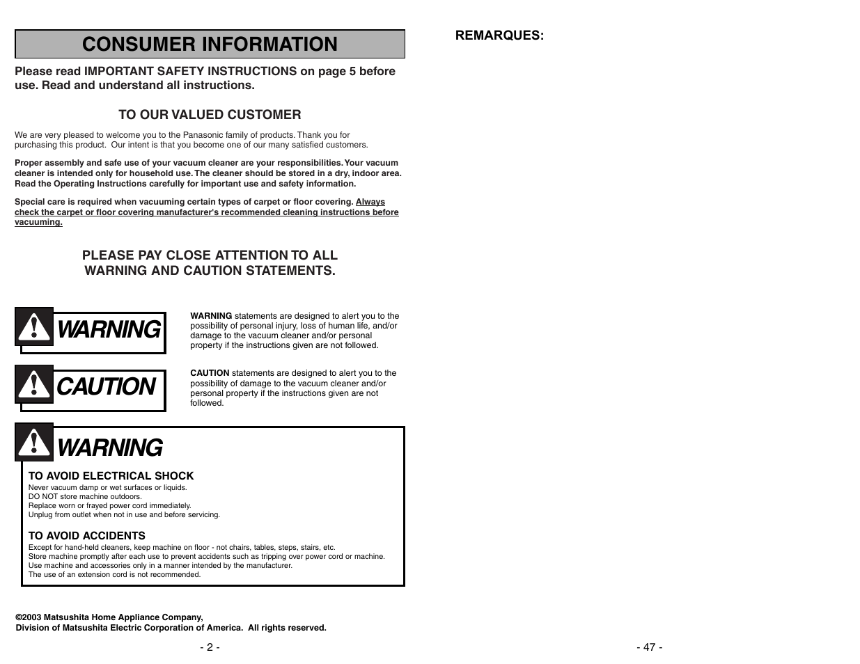 Consumer information, Warning, Caution | Panasonic MC-V5268 User Manual | Page 2 / 48