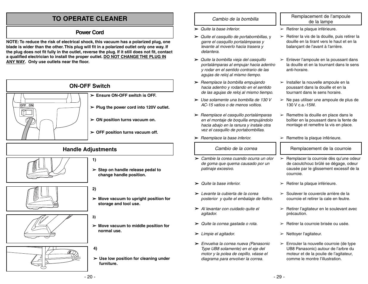 To operate cleaner, Power cord, On-off switch | Handle adjustments | Panasonic MC-V5268 User Manual | Page 20 / 48