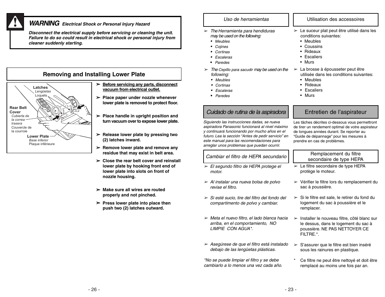 Uso de herramientas, Cuidado de rutina de la aspiradora, Cambiar el filtro hepa secundario | Utilisation des accessoires, Entretien de l'aspirateur, Remplacement du filtre secondaire de type hepa, Warning, Removing and installing lower plate | Panasonic MC-V5268 User Manual | Page 23 / 48