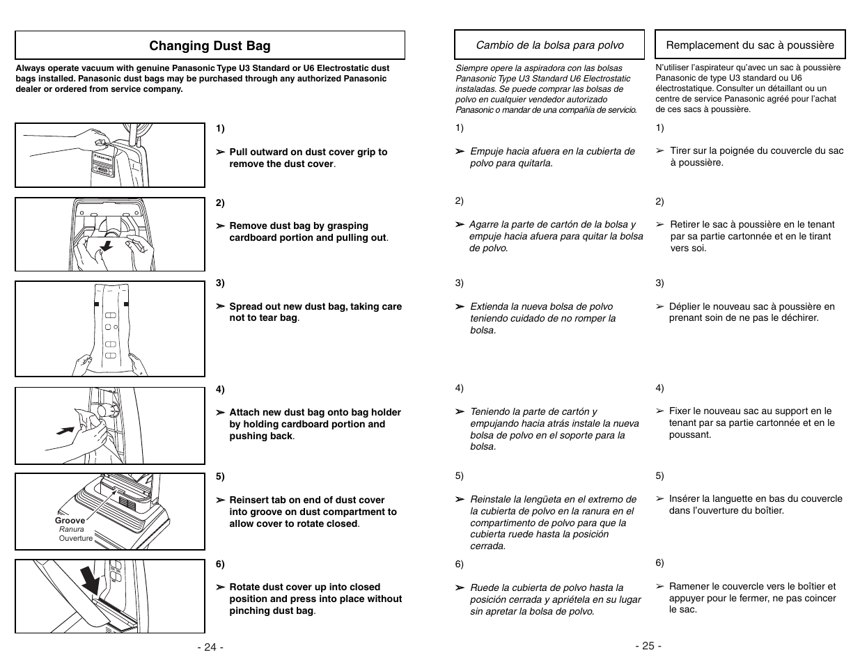 Changing dust bag | Panasonic MC-V5268 User Manual | Page 24 / 48