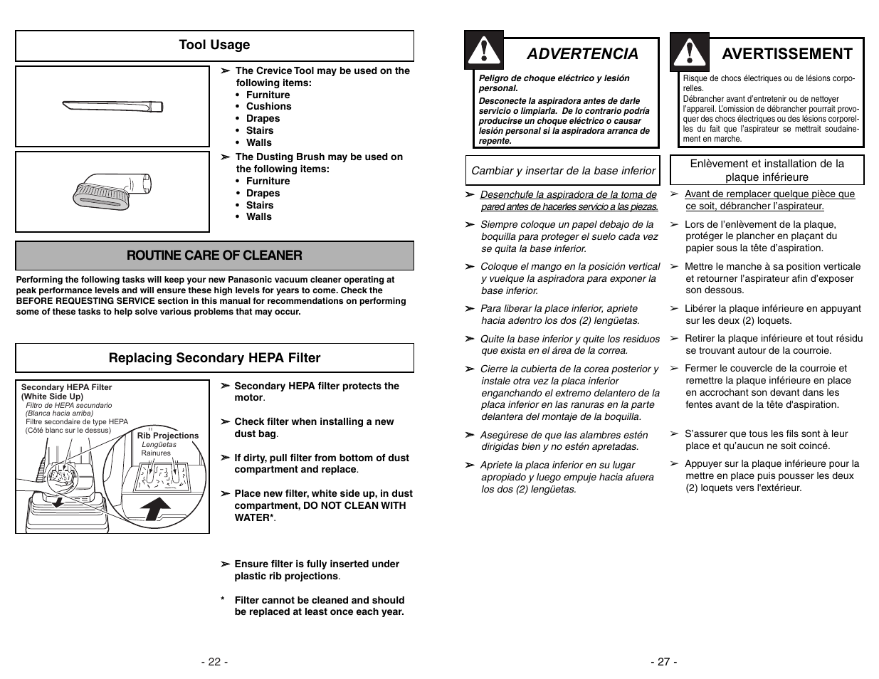 Cambiar y insertar de la base inferior, Enlevement et installation de la plaque inferieure, Advertencia | Avertissement, Tool usage, Routine care of cleaner, Replacing secondary hepa filter | Panasonic MC-V5268 User Manual | Page 27 / 48