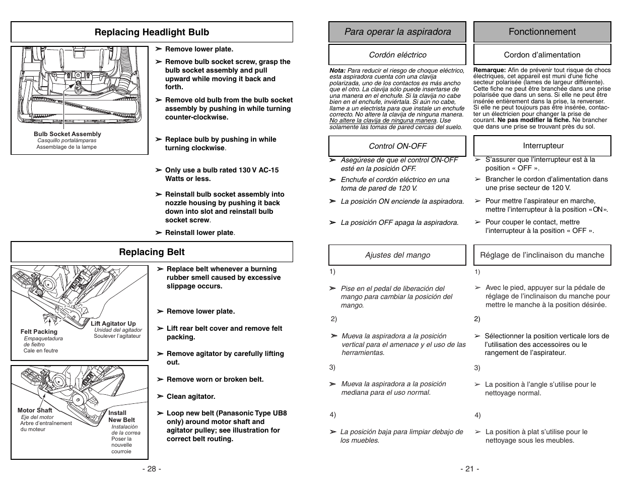 Replacing headlight bulb, Replacing belt, Para operar la aspiradora fonctionnement | Panasonic MC-V5268 User Manual | Page 28 / 48