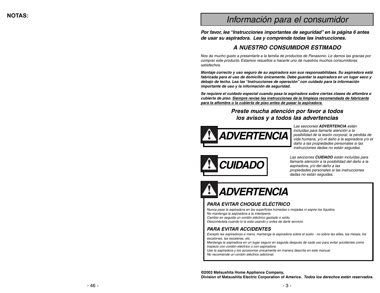 Informacion para consumidor, Advertencia, Cuidado | Información para el consumidor | Panasonic MC-V5268 User Manual | Page 3 / 48