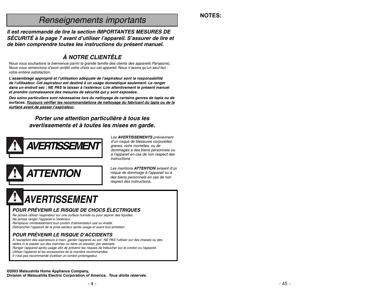 Renseignements importants, Attention, Avertissement | Panasonic MC-V5268 User Manual | Page 4 / 48