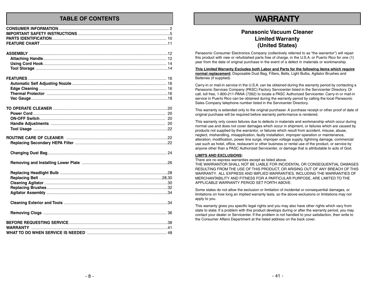 Warranty | Panasonic MC-V5268 User Manual | Page 41 / 48