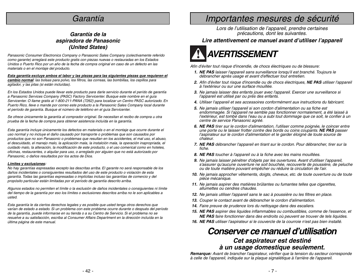 Garantia, Importantes mesures de sécurité, Avertissement | Conserver ce manuel d’utilisation, Garantía | Panasonic MC-V5268 User Manual | Page 42 / 48