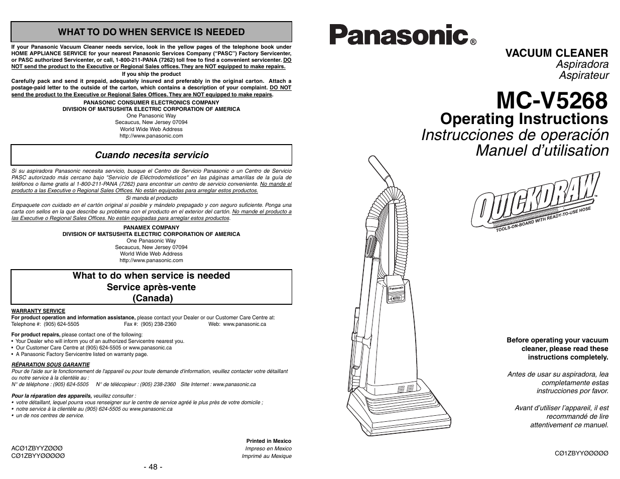 What to do when service is needed, Cuando necesita servicio, Service apres-vente | Mc-v5268, Aspiradora aspirateur, Vacuum cleaner | Panasonic MC-V5268 User Manual | Page 48 / 48