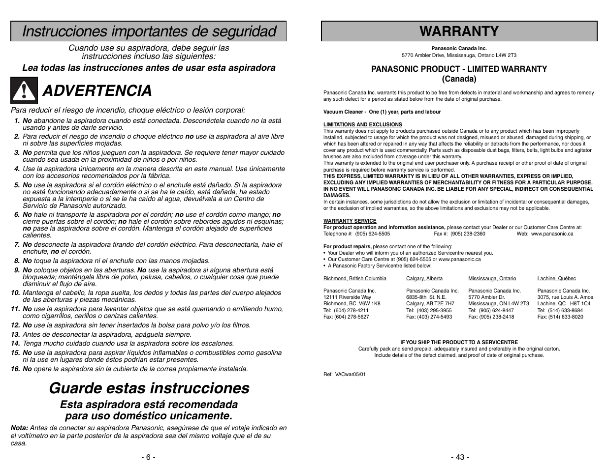 Instrucciones importantes de seguridad, Advertencia, Guarde estas instrucciones | Warranty | Panasonic MC-V5268 User Manual | Page 6 / 48