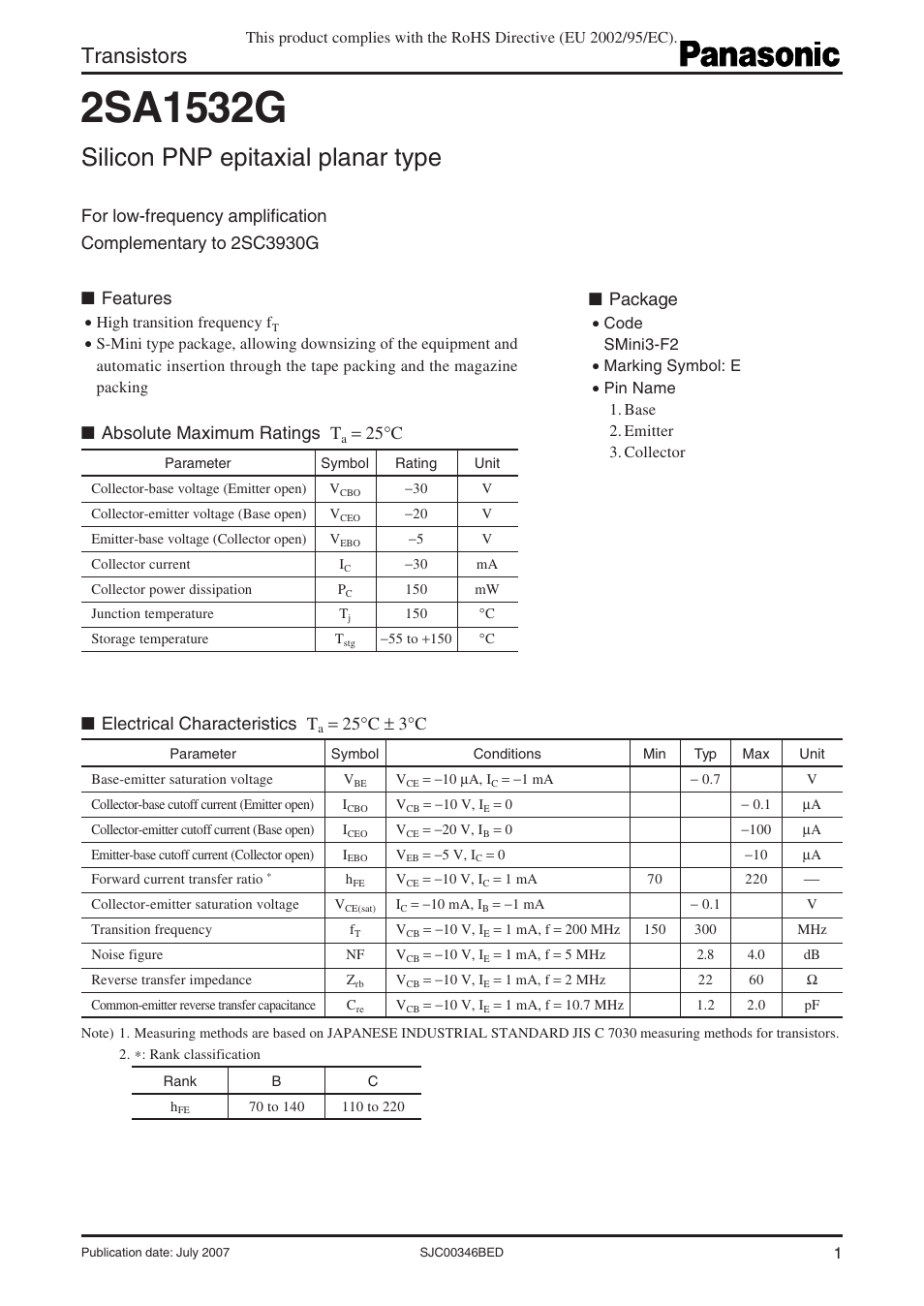 Panasonic 2SA1532G User Manual | 4 pages