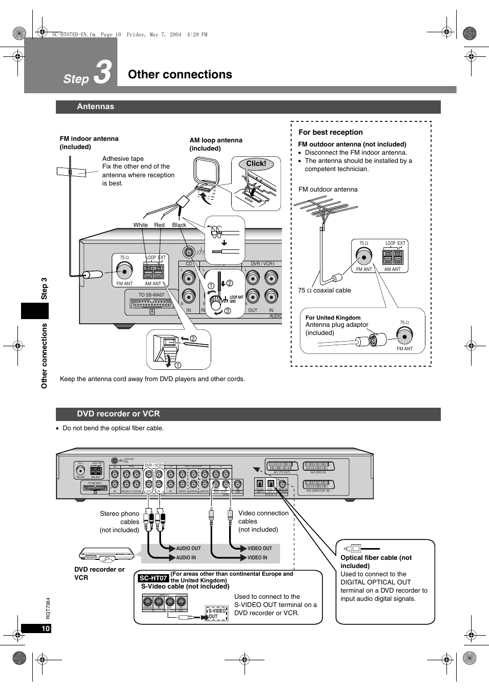 Other connections step, Antennas dvd recorder or vcr, Other connections step 3 | For best reception, Click | Panasonic SC-HT07  EN User Manual | Page 10 / 28
