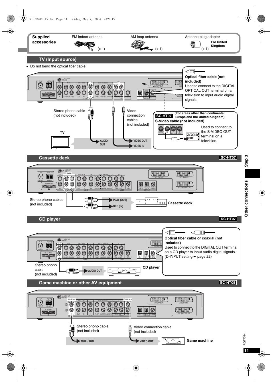Other connections step 3, Supplied accessories, Sc-ht07 | Cassette deck, Page 22), Stereo phono cables (not included), X 1), Sc-ht05, Video out video in audio out, S-video out | Panasonic SC-HT07  EN User Manual | Page 11 / 28
