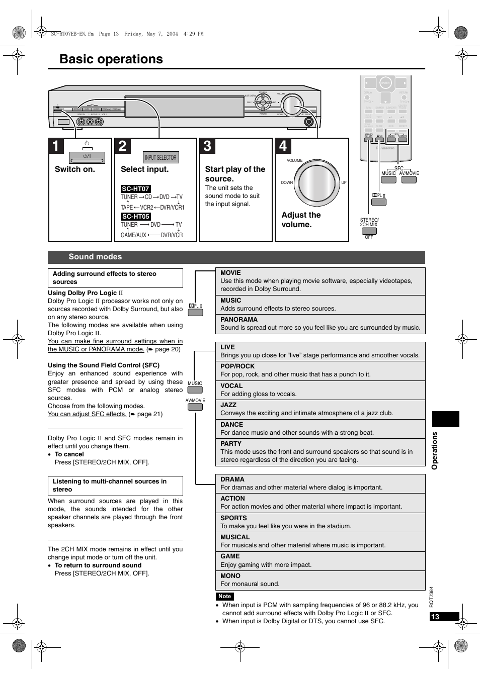 Basic operations, Sound modes, Switch on. select input. start play of the source | Adjust the volume, Op eratio ns 13, Input selector | Panasonic SC-HT07  EN User Manual | Page 13 / 28