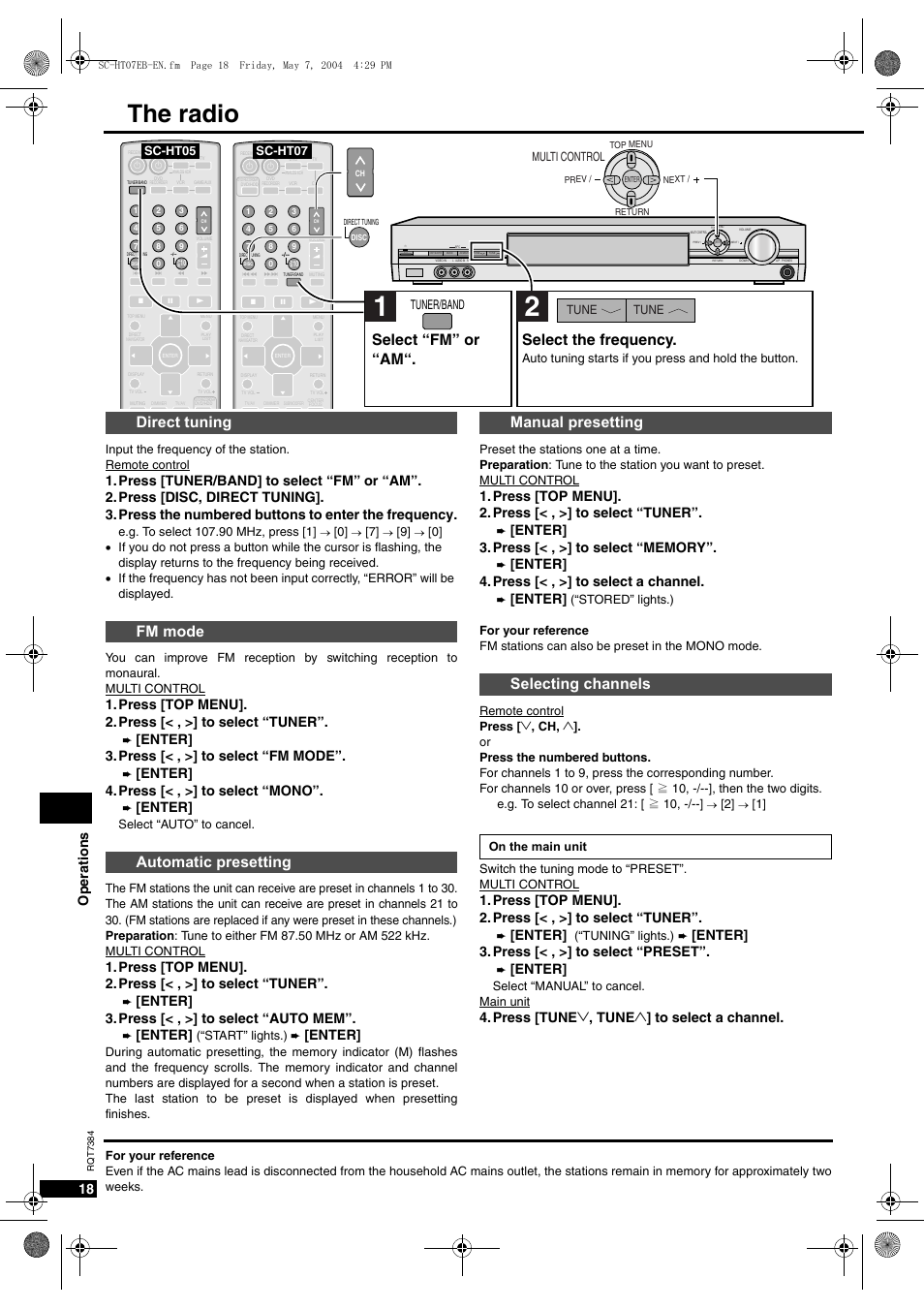 The radio, Direct tuning fm mode automatic presetting, Manual presetting selecting channels | Select “fm” or “am“. select the frequency, Op eratio ns 18, Press [top menu]. 2.press [< , >] to select “tuner, Enter] 3.press [< , >] to select “fm mode, Enter] 4.press [< , >] to select “mono, Enter, Enter] 3.press [< , >] to select “auto mem | Panasonic SC-HT07  EN User Manual | Page 18 / 28