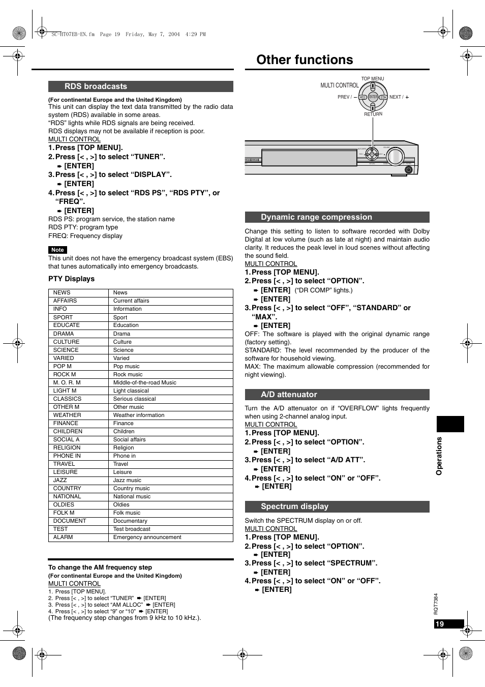 Other functions, Rds broadcasts | Panasonic SC-HT07  EN User Manual | Page 19 / 28